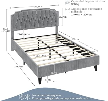 Yaheetech Velvet Upholstered Bed Frame 140 x 200 cm Light Grey