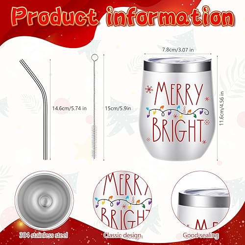 Miniatura 2 de 6 vasos de vino de acero inoxidable de Navidad de 12 onzas, vaso de vino aislado divertido con tapa, popote y cepillo, tazas de vino aisladas para
