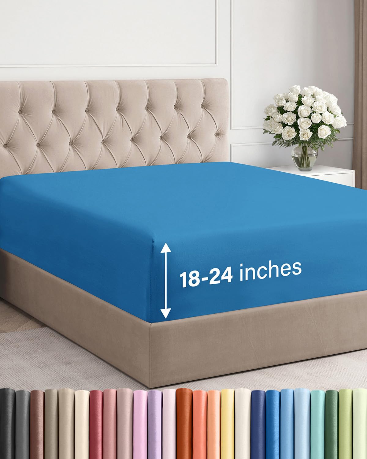 extra deep queen fitted sheet - hotel luxury single fitted sheet only - easily fits 18 inch to 24 inch mattress - ultra soft, wrinkle & fade free w/extra deep pocket - breathable & comfy - denim blue
