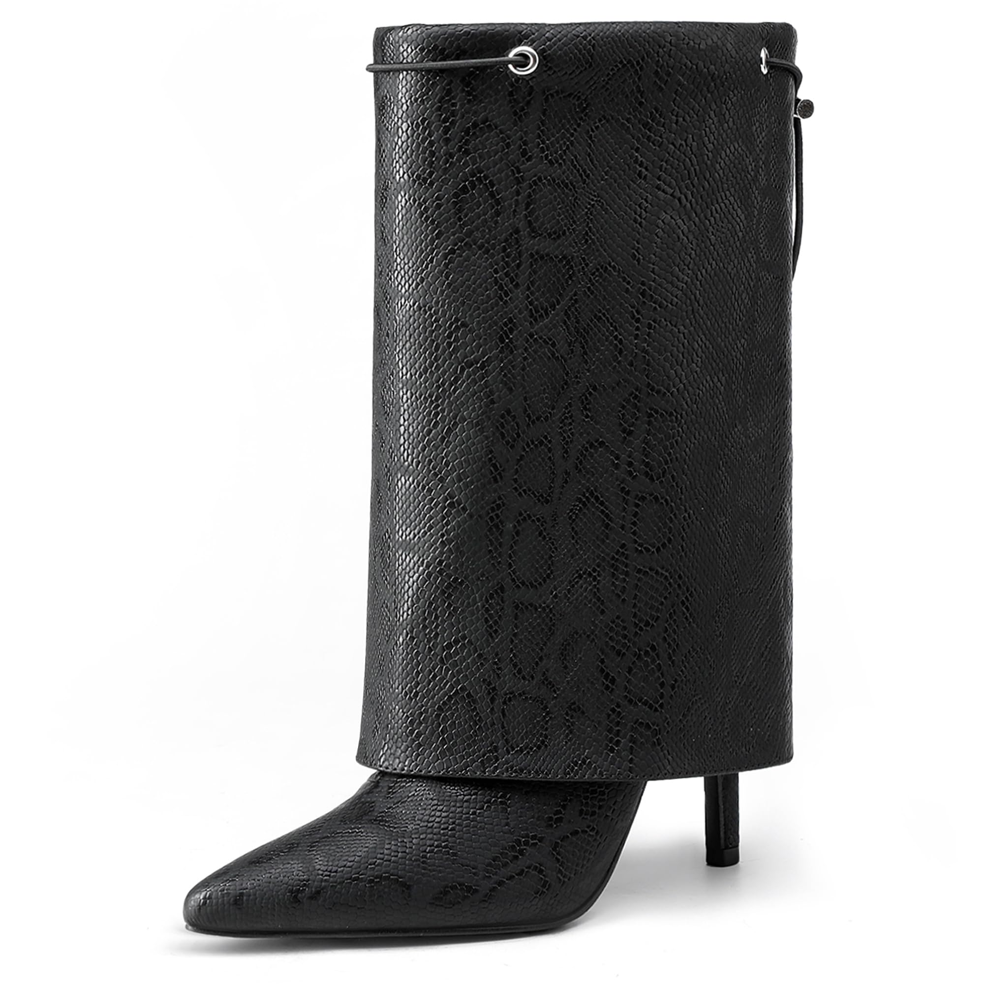 NEWBELLA Womens Fashion Mid Calf Boots - Pointed Toe Stiletto Heel Fold Over Collar Booties Casual Versatile Boots