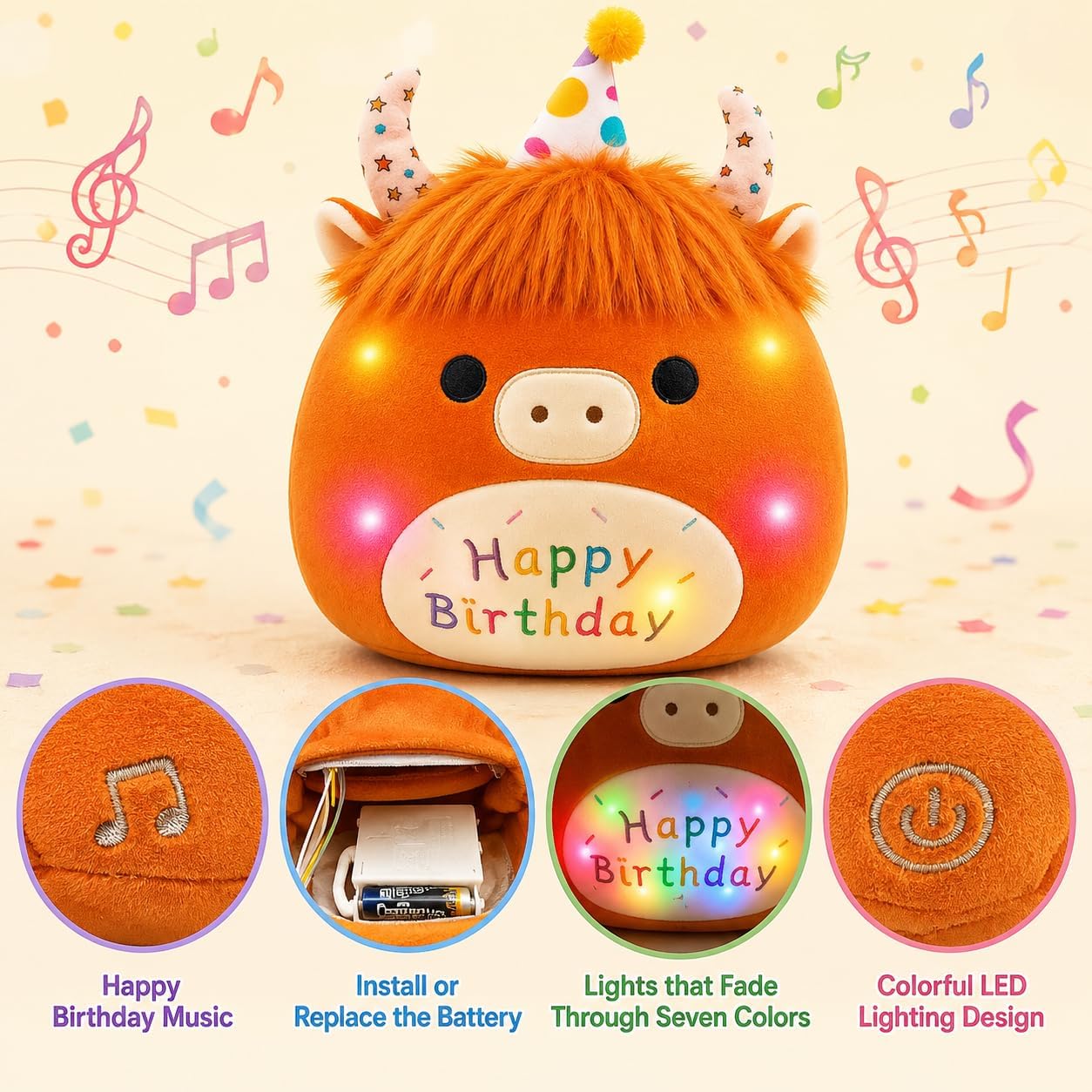 ChezMax Birthday Highland Cow Stuffed Animal - 12.5" Plush Pillow Toy Gift with Light & Happy Birthday Music, Farm Toys Plushies, Cute Dolls for Girls Girlfriend Boys Women Kids image 3