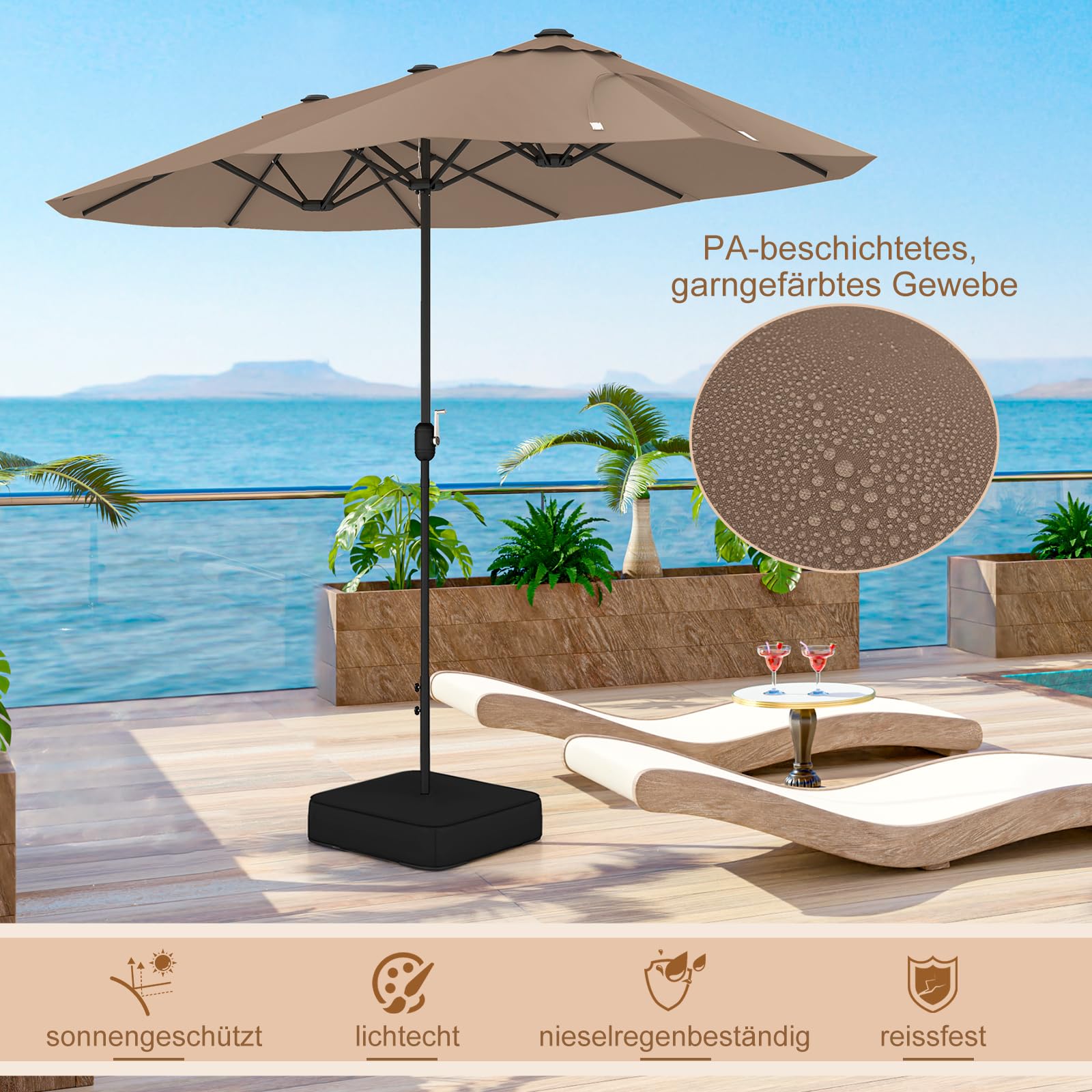 GOPLUS Doppelsonnenschirm mit Ständer, 400 x 200 cm XXL Sonnenschirm, Terrassenschirm mit Kurbel, UPF 30+, Balkonschirm groß, Gartenschirm, Marktschirm Oval für Garten, Terrasse & Pool, Braun