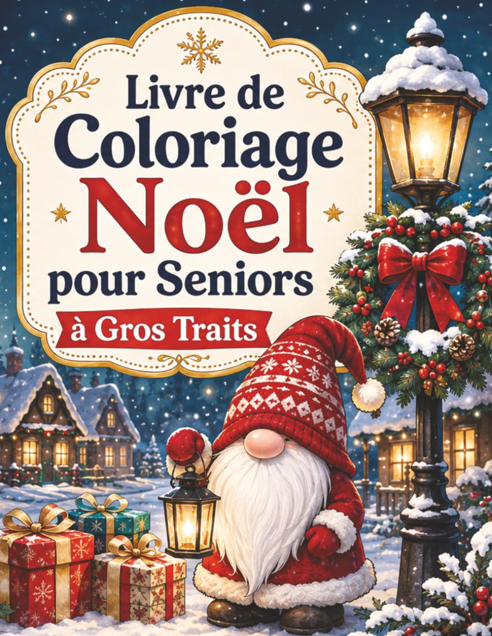 Livre de Coloriage Noël pour Seniors à Gros Traits: 50 grands dessins faciles avec Père Noël, sapins, cadeaux, rennes et scènes d’hiver simples à colorier