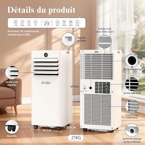 Aridis Climatiseur Mobile 9000 BTU - Climatiseur Portable 4 en 1 Silencieux - Télécommande, Minuterie 24h & Mode Sommeil,Clim Mobile pour Maison et Bureau,Kit d'Évacuation par Fenêtre Inclus - 7