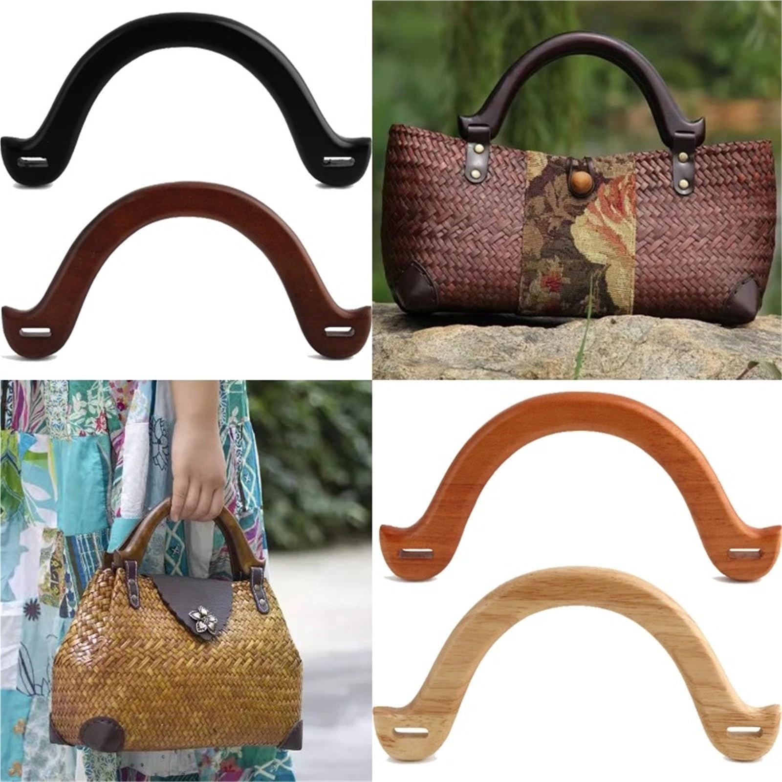 4 piezas de carteras ratán con asas arqueadas, bolsos paja, playa, madera en forma U, cruzados ganchillo Para Bolsas(Khaki 2)