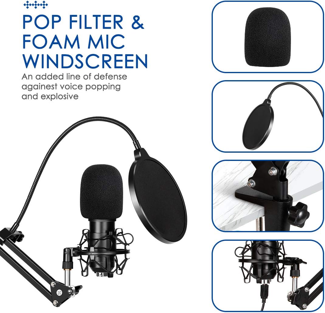 Yakomon USB Streaming Podcast Microphone Kit, Professional 192KHZ/24Bit Studio Cardioid Condenser Computer PC Mic Kit with Scissor Arm Shock Mount Stand Pop Filter for Music Recording,YouTube