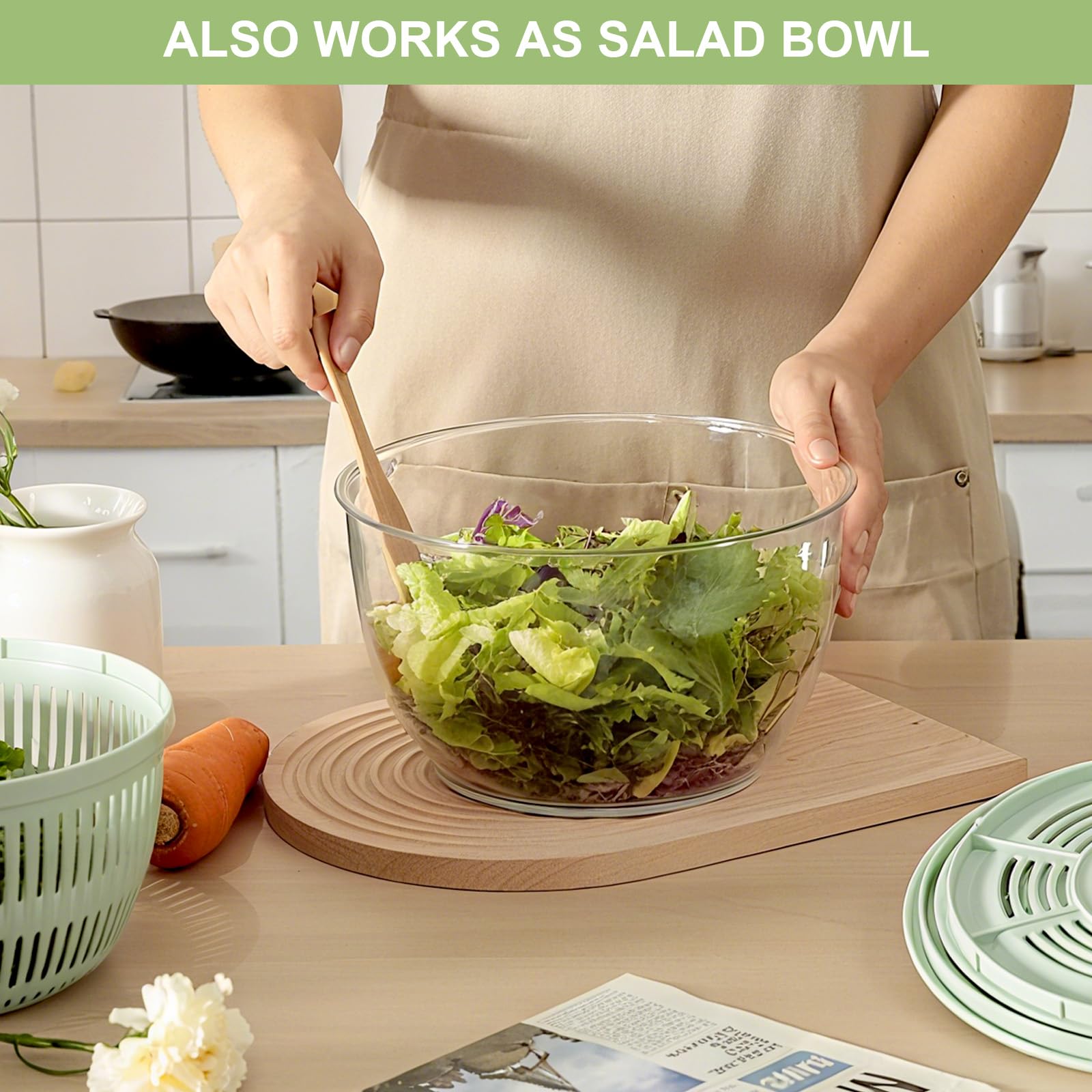 VINATO Centrifugadora Lechuga 4,5L, Mandolina de Cocina Multiusos, Escurridor Verduras para Lavar, Centrifugar y Cortar. Ensaladera con 5 Cuchillas + 1 Accesorio para Zumos.