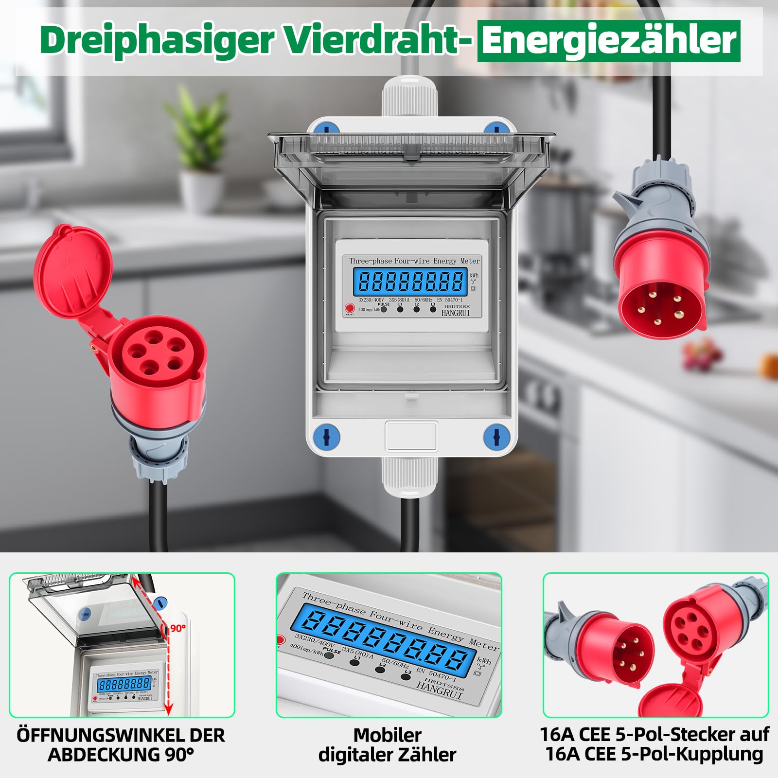 Mobiler Digitaler Stromzähler 3 Phasen 16A 400V CEE Stecker Kupplung IP68 2m Kabel