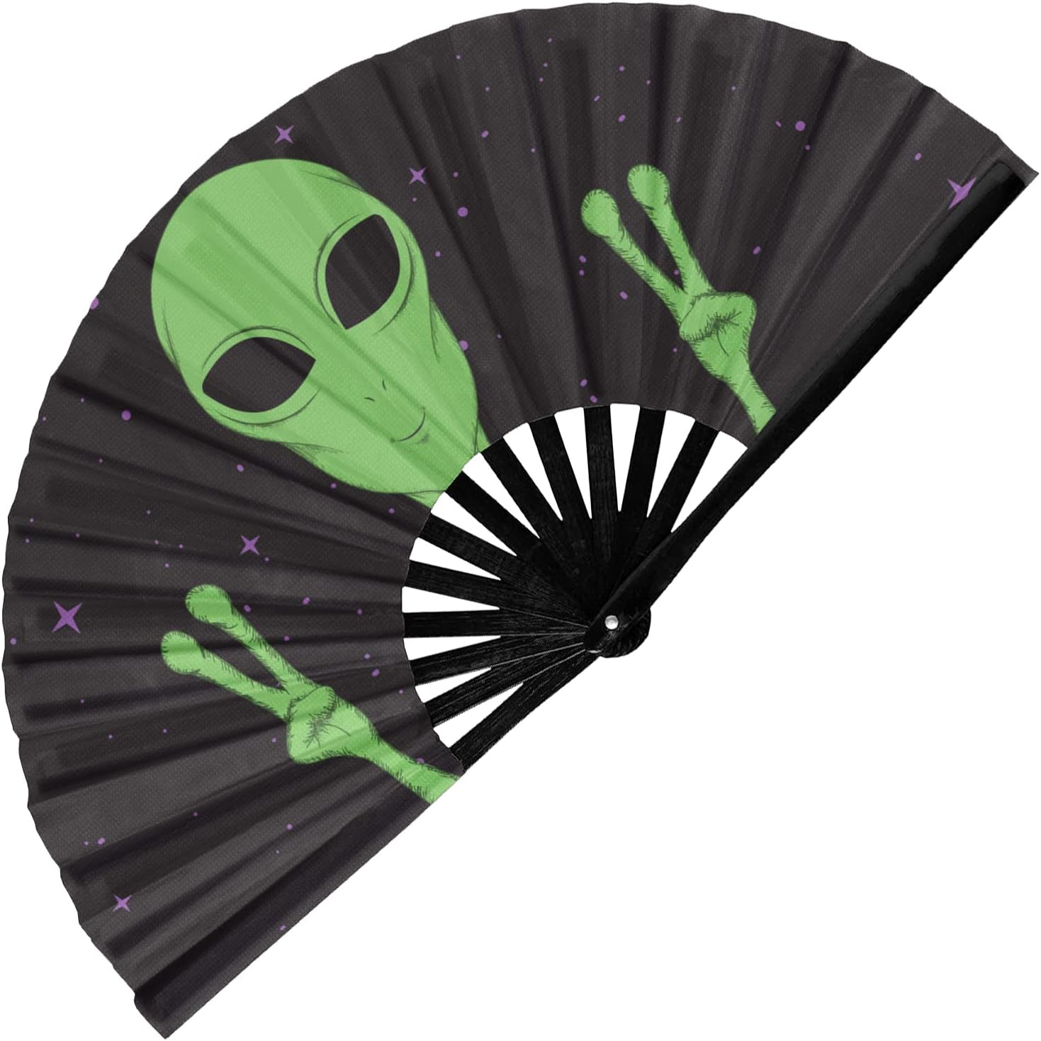 GloFX Folding Fan - Alien - Large Rave Clack Folding Hand Fan for Men/Women - for EDM, Music Festival, Club, Event, Party, Dance, Performance, Decoration, Gift