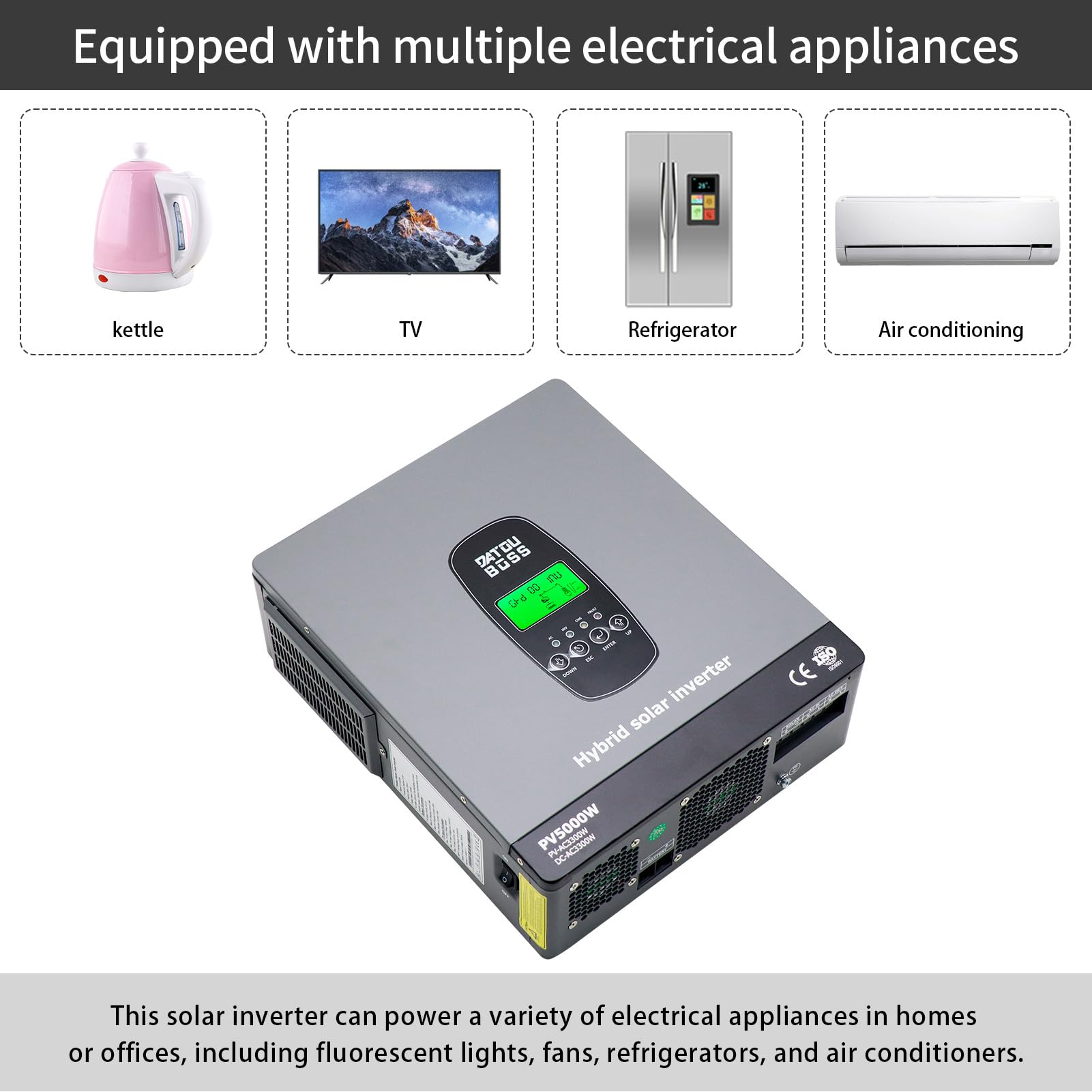 DATOUBOSS Inversor de energía solar híbrido de 3300 W, entrada de PV de 5000 W, cargador MPPT, inversor de batería de 21 – 30 V CC, convertidor solar de 220 V CA con RS485 para instalaciones solares