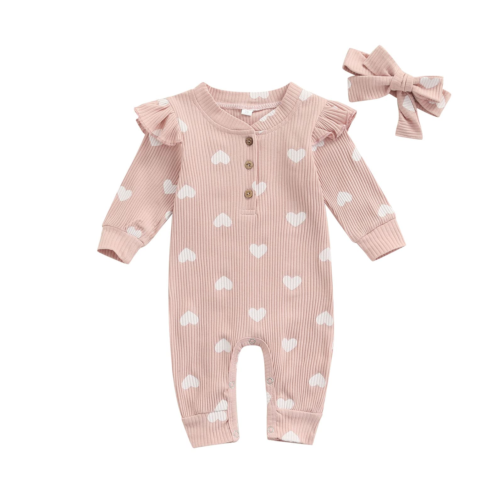 DcohmchDcohmch My First Valentines Day Baby Girl Outfit Newborn Long Sleeve Button Jumpsuit Heart Knit Bodysuit + Headband 0-18M