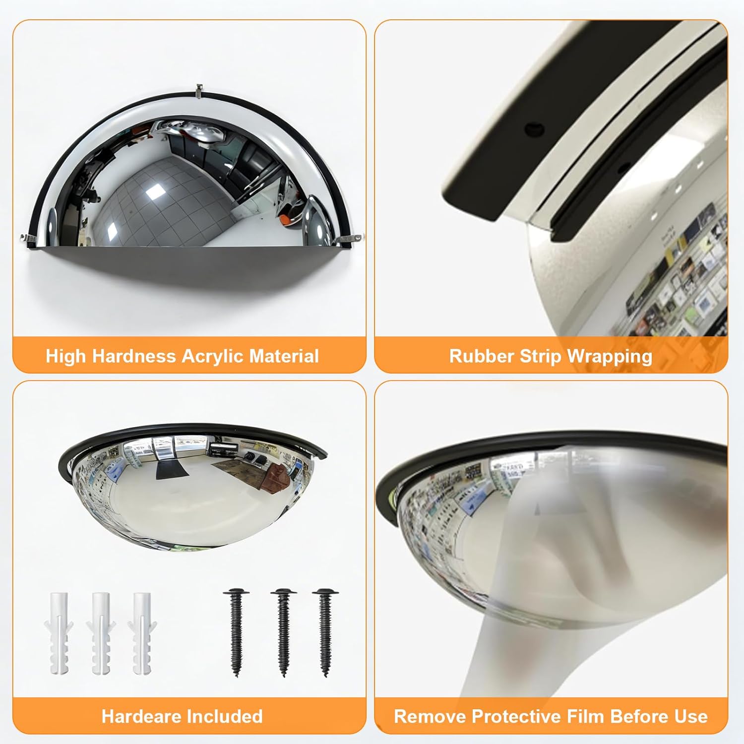 13" 2Pcs Half Circle Dome Corner Mirror Blindspot, Acrylic Traffic Convex Mirror with Black Rubber Strip Ceiling Mirror Industrial Security Mirrors for Wall Outdoor Hallway Warehouse Office Garage