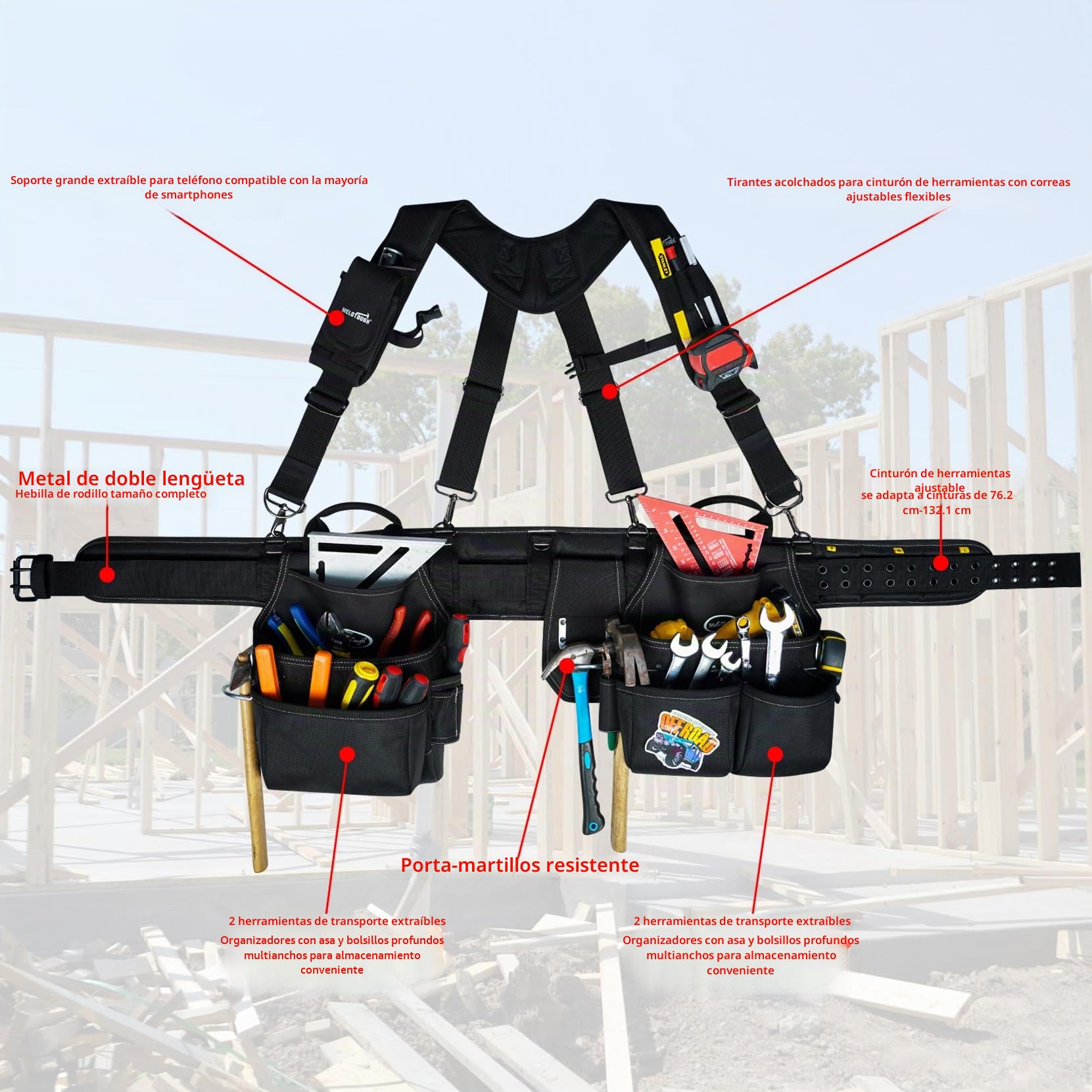 MELOTOUGH Cinturón de herramientas con tirantes, bolsa de herramientas, Supenders Framers, peine delantal, cinturón de herramientas, bolsa de herramientas de construcción, constructor, plataforma de