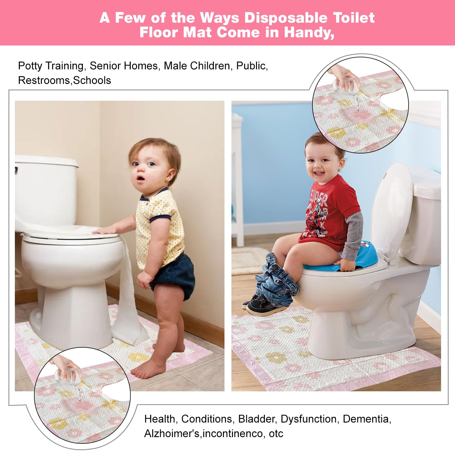 25 tappetini usa e getta per WC a forma di U, tappetino da addestramento per WC, impermeabile, antiscivolo, tappetino da bagno usa e getta, per bambini e adulti, motivo floreale
