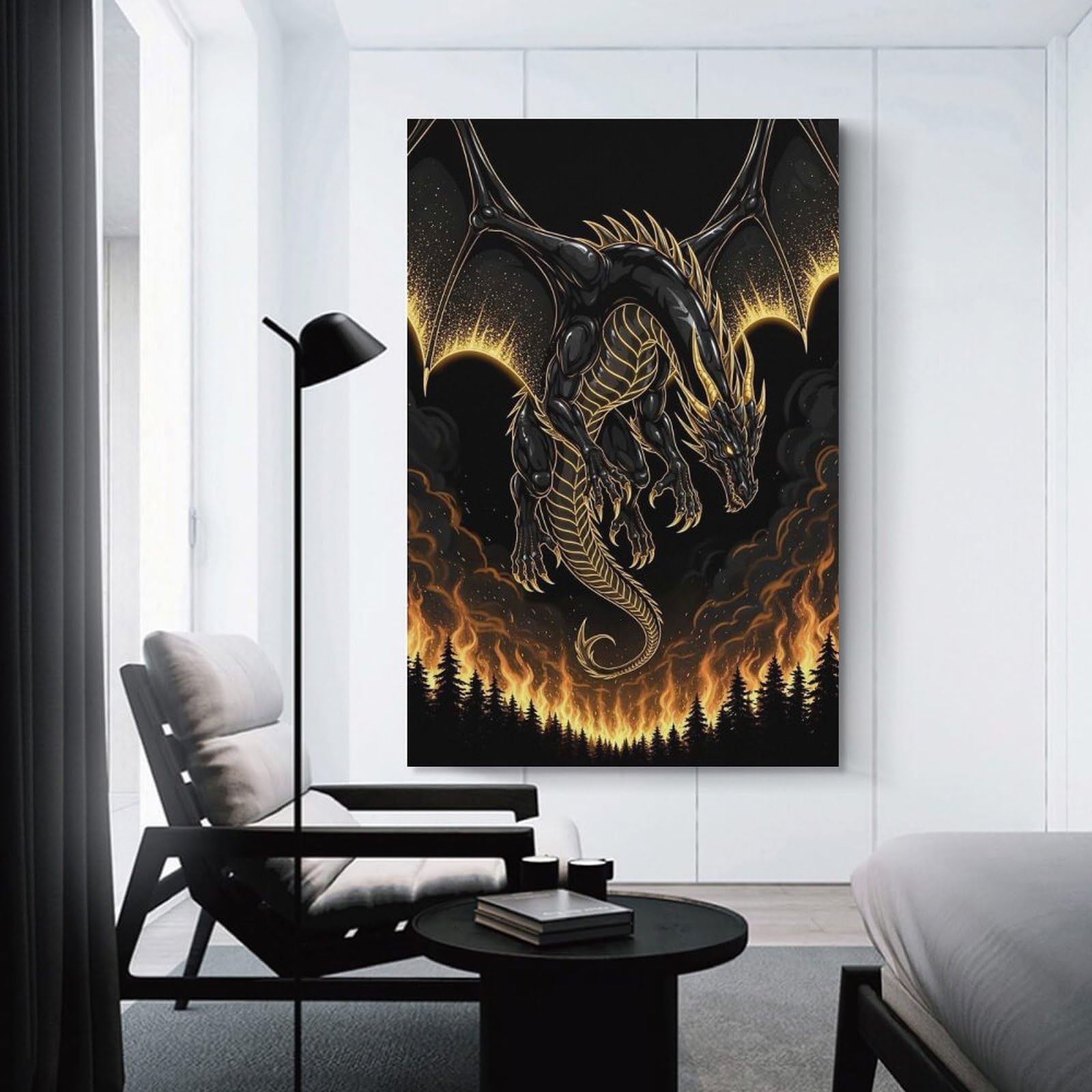 Junmoney Black And Gold Dragon Over Fire Home Decor Wall Art, 20x30inch(50x75cm), for Wall Displays, Bedrooms Or Room Updates, Ideal for Building A Coordinated Art Wall