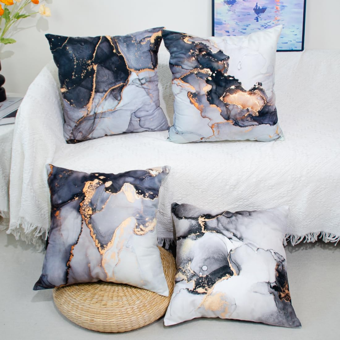 DILOXNSU Set of 4 Grey Black Gold Cushion Covers 45 x 45 Marble Soft Velvet Decorative Pillows Cases Couch Cushions for Sofa Chair Bedroom Livingroom Cushion Cover 18x18 Inch - Image 4