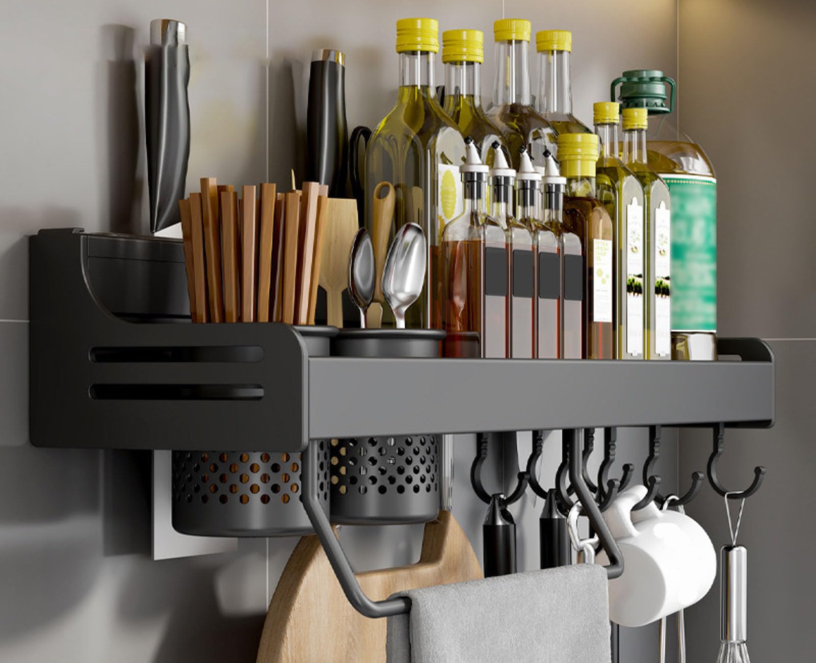 GLJTUO Wall-Mounted Spice Rack - Metal Hanging for Kitchen Spices, Seasoning Holder with Towel Holder, Knife Storage, Hooks & Utensil (Black 50Cm),Black-50Cm