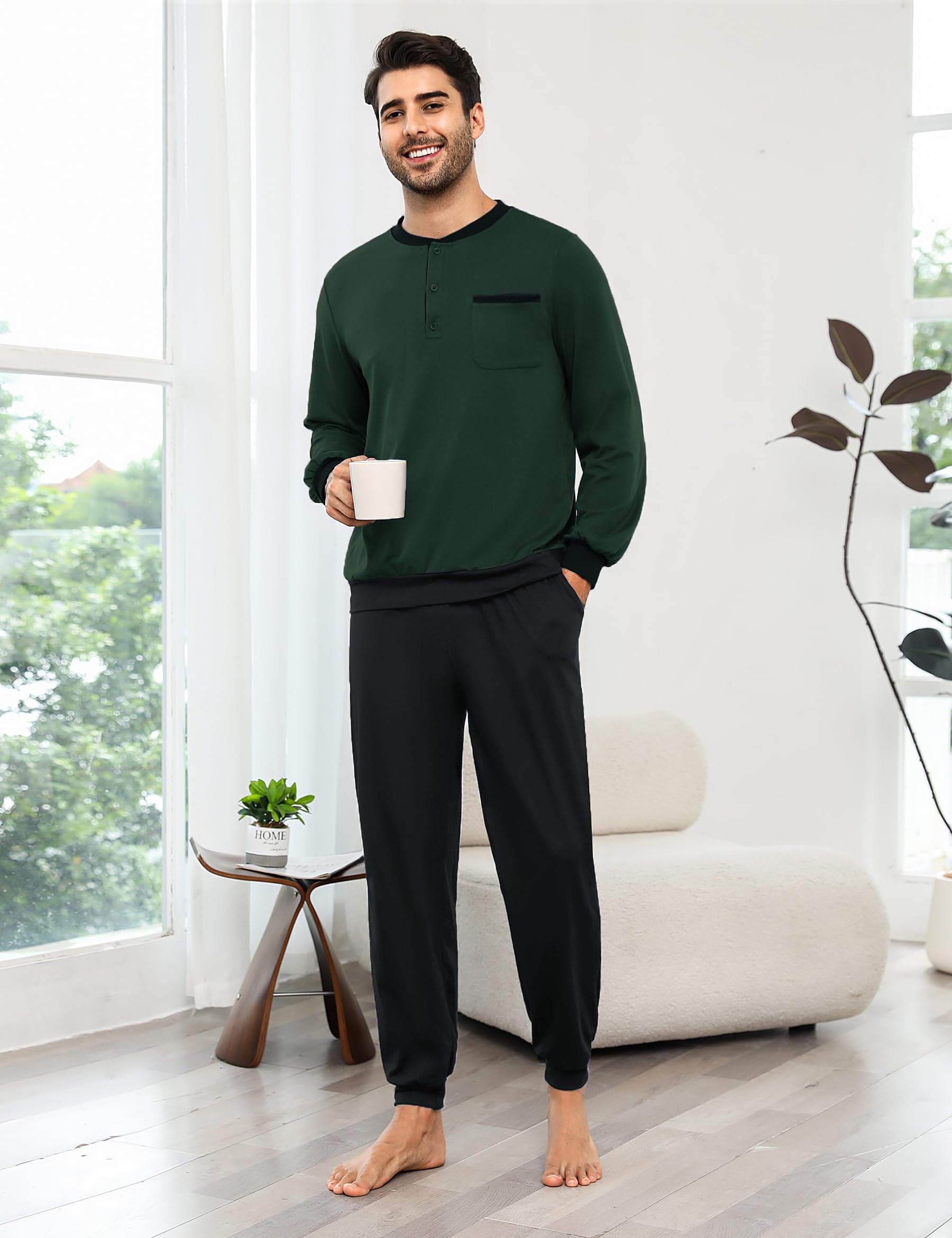 Bresdk Pijama Hombre Invierno Algodón Ropa de Dormir Camiseta de Manga Larga Largo Pantalón Pijama para Hombre S-3XL