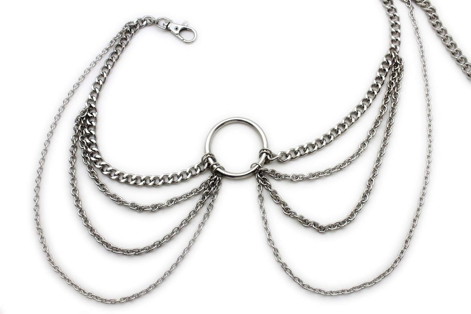 TFJ Women's Fashion Belt Hip Waist Long Metal Waves Big Ring S M L Silver