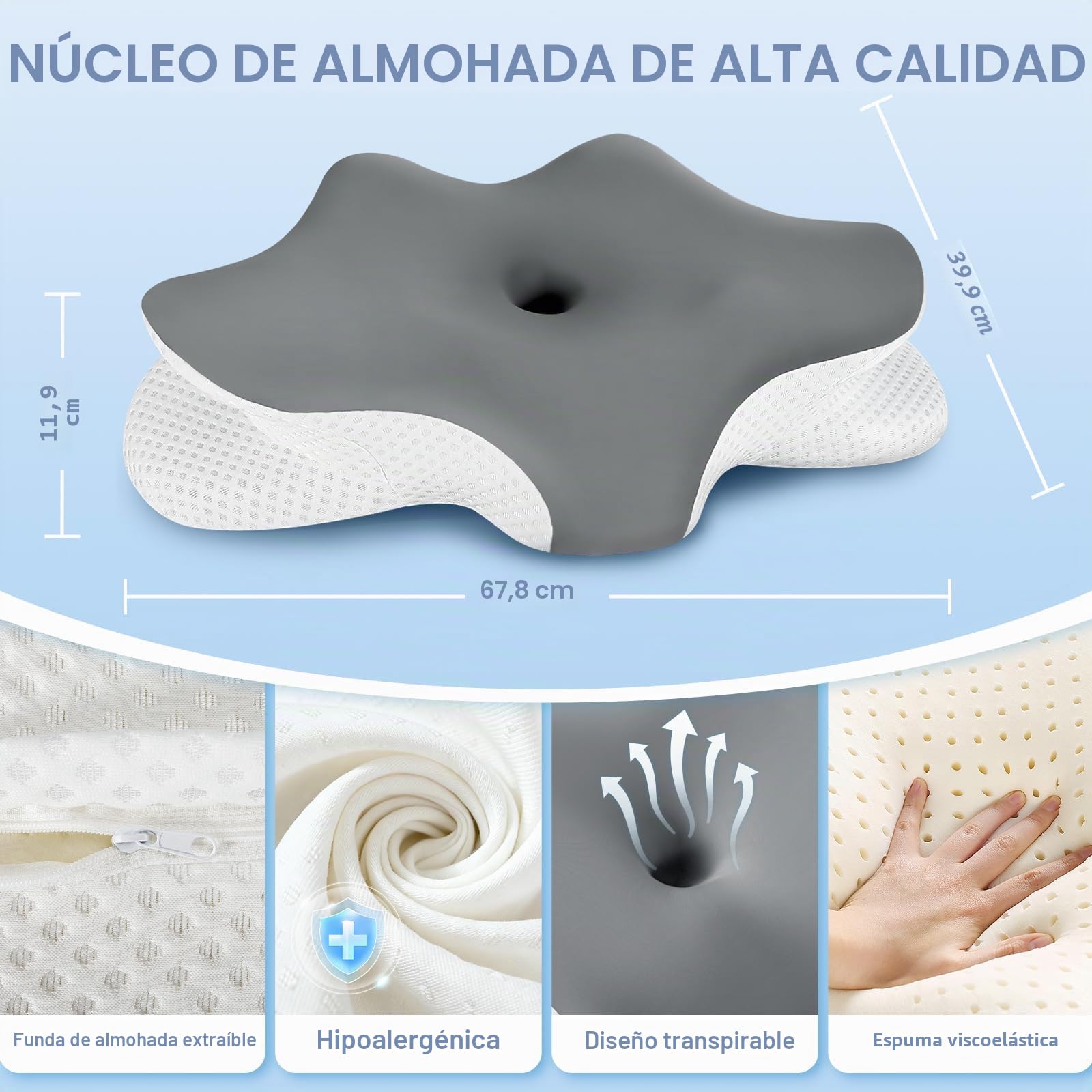 Almohada Cervical, Almohada Cervicales y Cuello Ergonómica Viscoelástica, Pillow Cervical para Mejorar el Sueño y Reducir Dolor de Cuello, Almohada para Dormir de Lado con Funda Extraíble