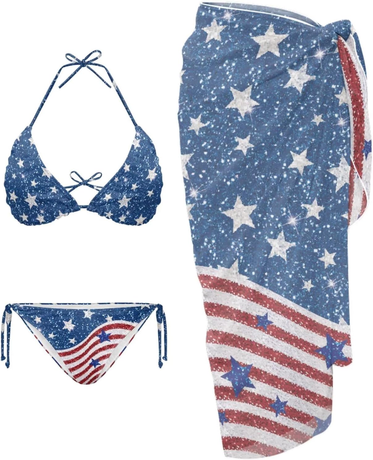 Xpyiqun Flag Bikini Sets for Women Swimsuits 3 Piece Halter Triangle Bathing Suit with Cover Up Skirt Swimwear Coverup