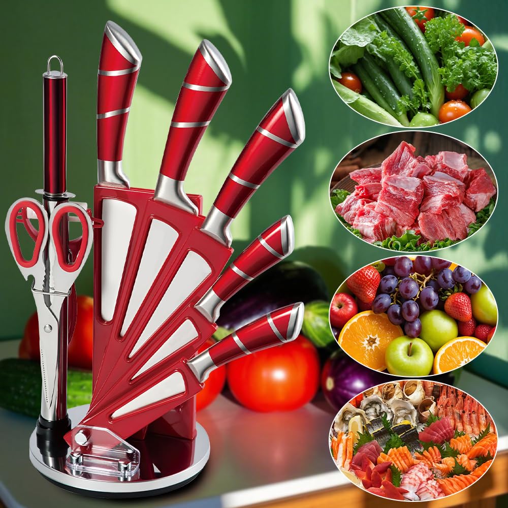 KEPEAK Set de Couteaux de Cuisine 9 Pièces avec Bloc Acrylique Rotatif – Couteaux de Chef Tranchants en Acier Inoxydable avec Fusil à Aiguiser – Pour Couper, Hacher, Émincer – Rouge