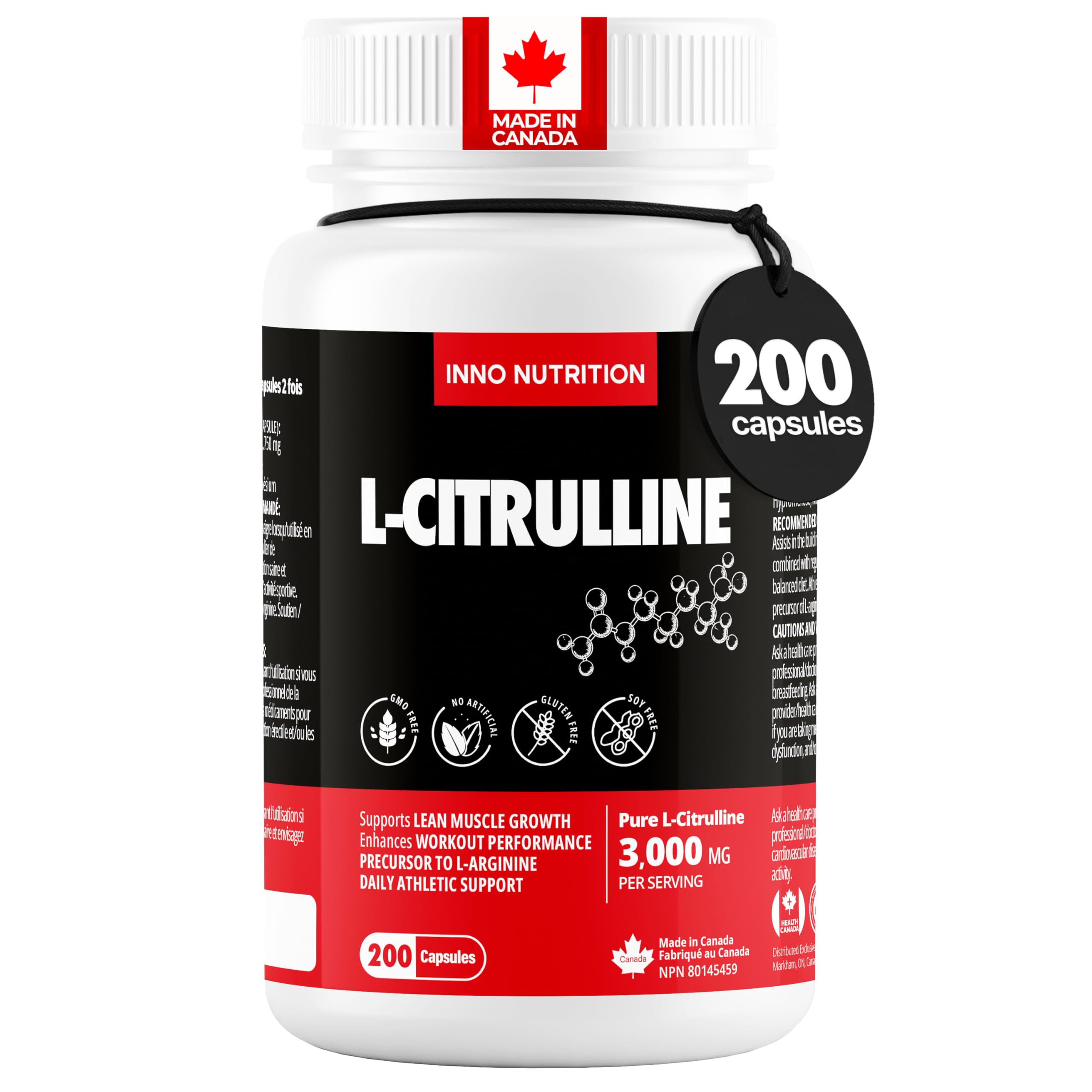 Inno Nutrition L-Citrulline 750 mg - 200 Capsules | 3,000mg daily Serving | High Potency Nitric Oxide Booster for Muscle Pump & Endurance | Made in Canada - 2