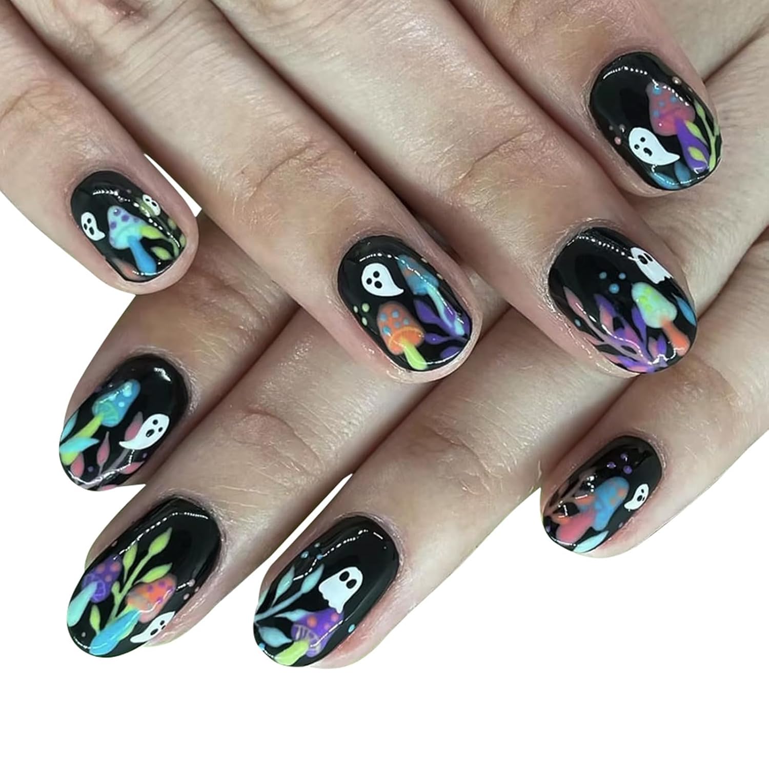 Halloween Press on Nails Short Round With Mushroom & Ghost Designs - Black Glossy Glue on Artificial False Nails for Women - 24Pcs