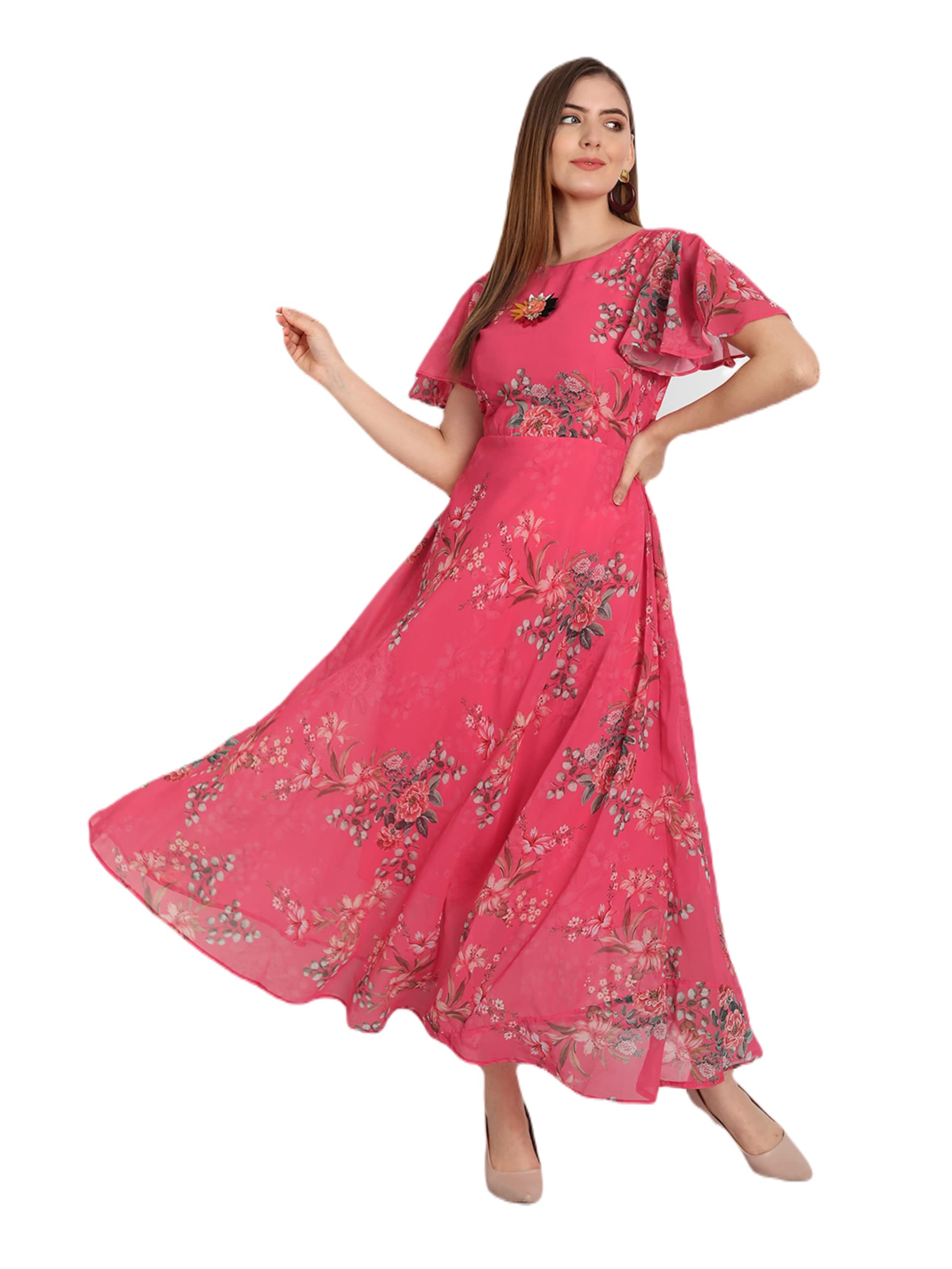 DHANERIWomen's Floral Georgette Standard Regular Fit and Flare Casual Knee Length Western Dress (D_E_1020)