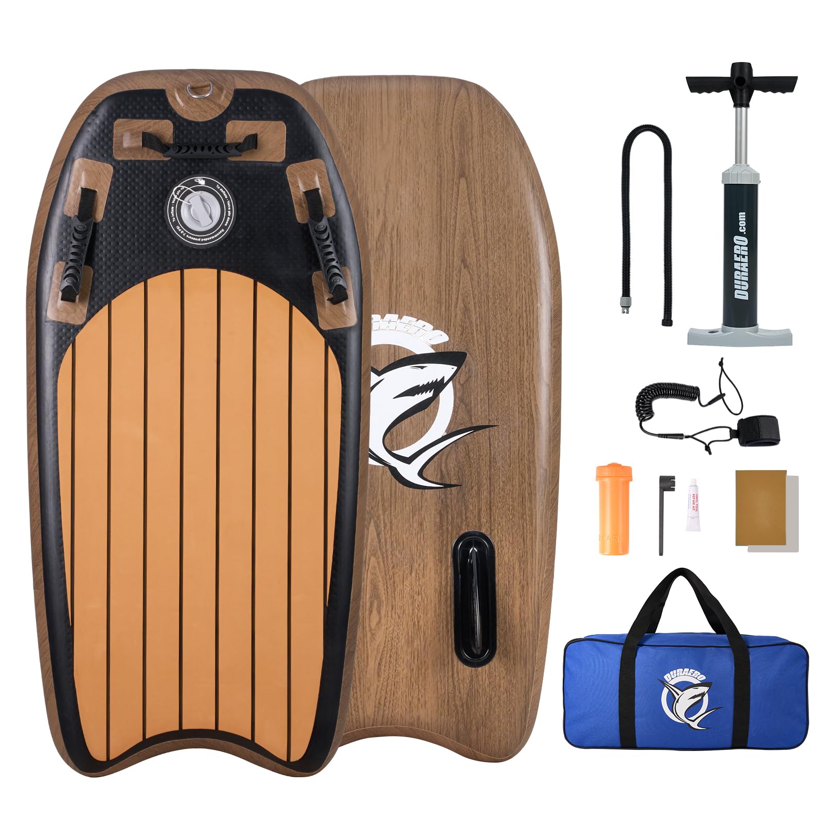 Aufblasbares Bodyboard 105x53x10cm, 3 Griffe für bessere Kontrolle, 2 Seitenflossen für Stabilität, Eva Anti-Rutsch-Oberfläche, inkl. Sicherheitsleine, Pumpe & Tragetasche, max. Belastung 100 kg