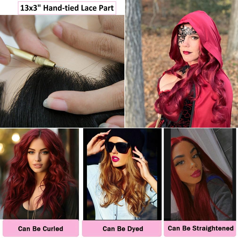 Female Dark Red Synthetic Lace Front Wigs for Women Cosplay Party Replacement Drag Queen Mermaid Red Real Natural Color Long Wavy Hair Synthetic Full Glueless Wig 26"