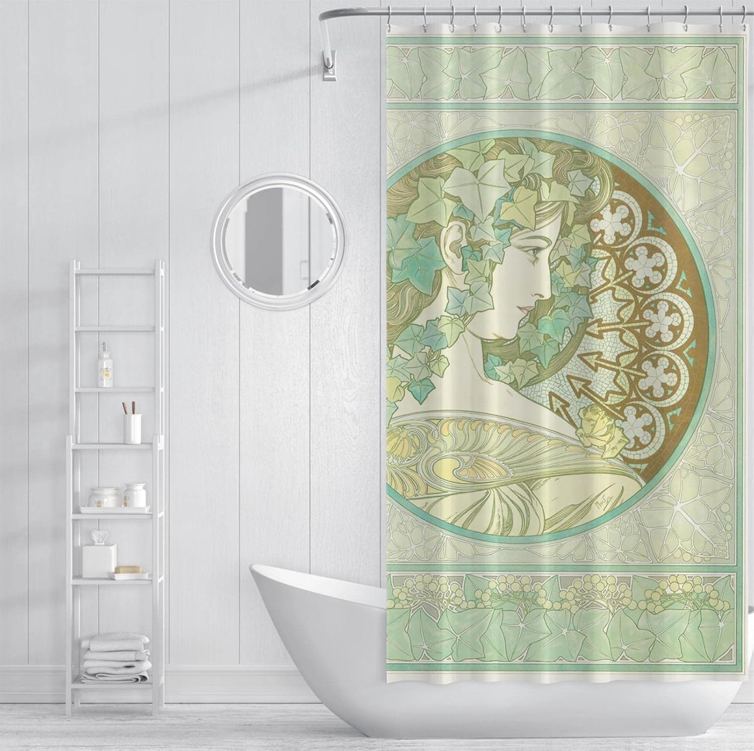 Green Leaf Shower Curtain Liner Alphonse Mucha Illustration Shower Curtain Set with Hooks Extra Long Shower Curtains Waterproof Washable W78 x L84(in)