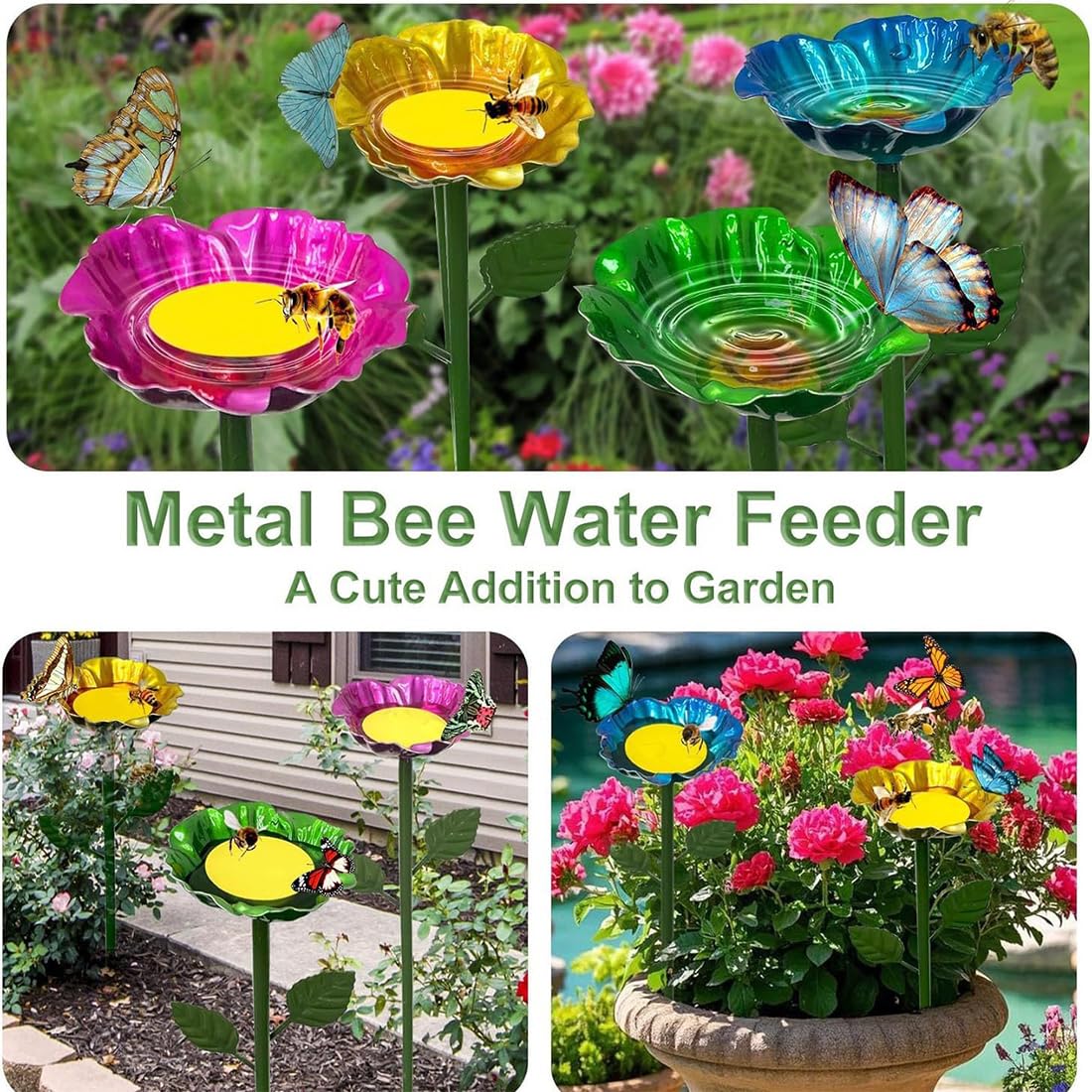 4 Stück Bienentränke für den Garten, 65 cm Metall-Gartenstecker Blumen-Vogeltränke, Insektentränke für Bienen und Schmetterlinge, Gartendeko für Draußen (8 Stück)