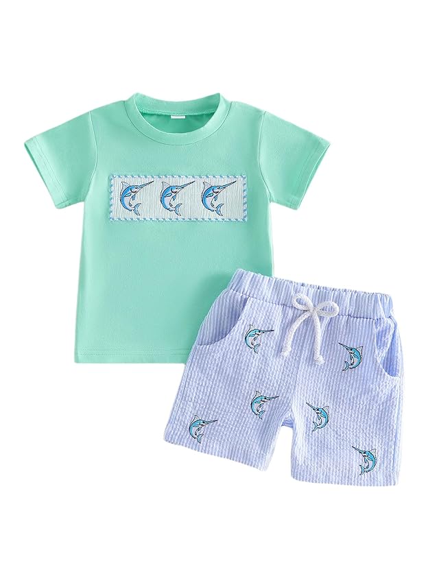Toddler Baby Boy Summer Shorts Sets Embroidery Round Neck Short Sleeve Tops Stripe Shorts Casual 2pcs Clothes