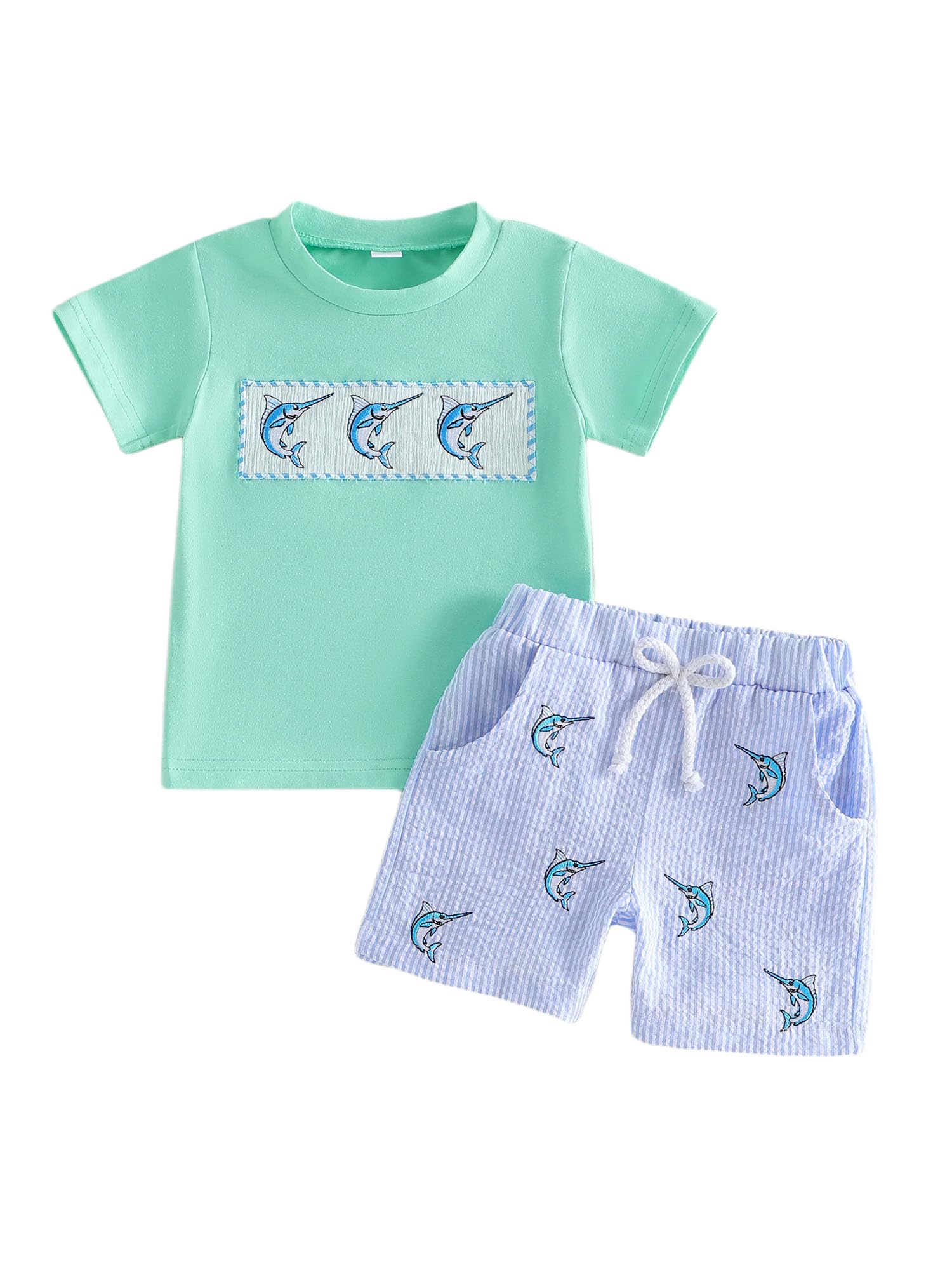 Toddler Baby Boy Summer Shorts Sets Embroidery Round Neck Short Sleeve Tops Stripe Shorts Casual 2pcs Clothes