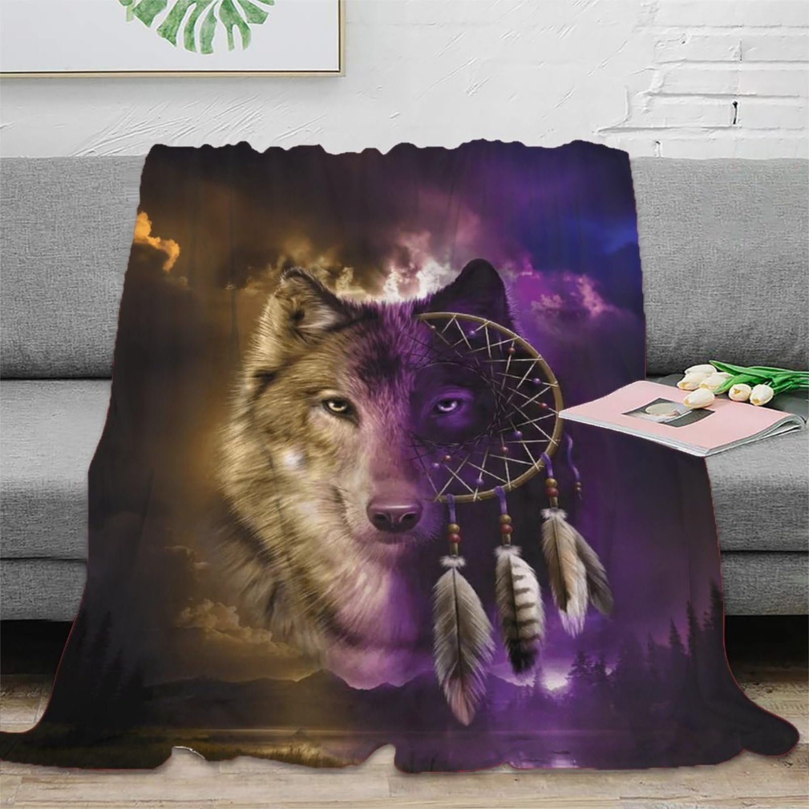 LILIlaobiao Flannel Fleece 80x90inch(200x230cm) Blanket Dream Catcher for Bed, Soft Fluffy Velvet Bed Blanket with Decorative Grey Wolf Pattern for All Season, Warm & Lightweight