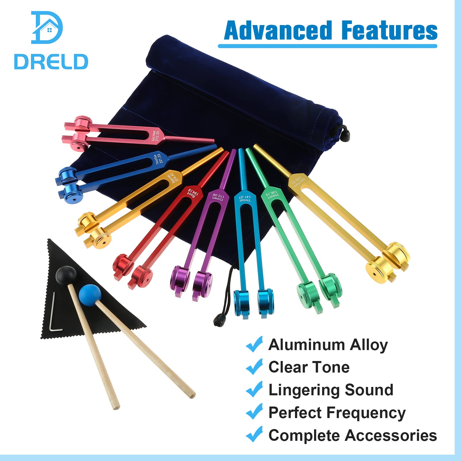 DRELD Juego de Tenedor de Afinación 8pcs Horquillas de Afinación con 2 Martillos de Silicona y Bolsa para Terapia de Sonido, Equilibrio, Sanadores, Vibración, Reparación de ADN