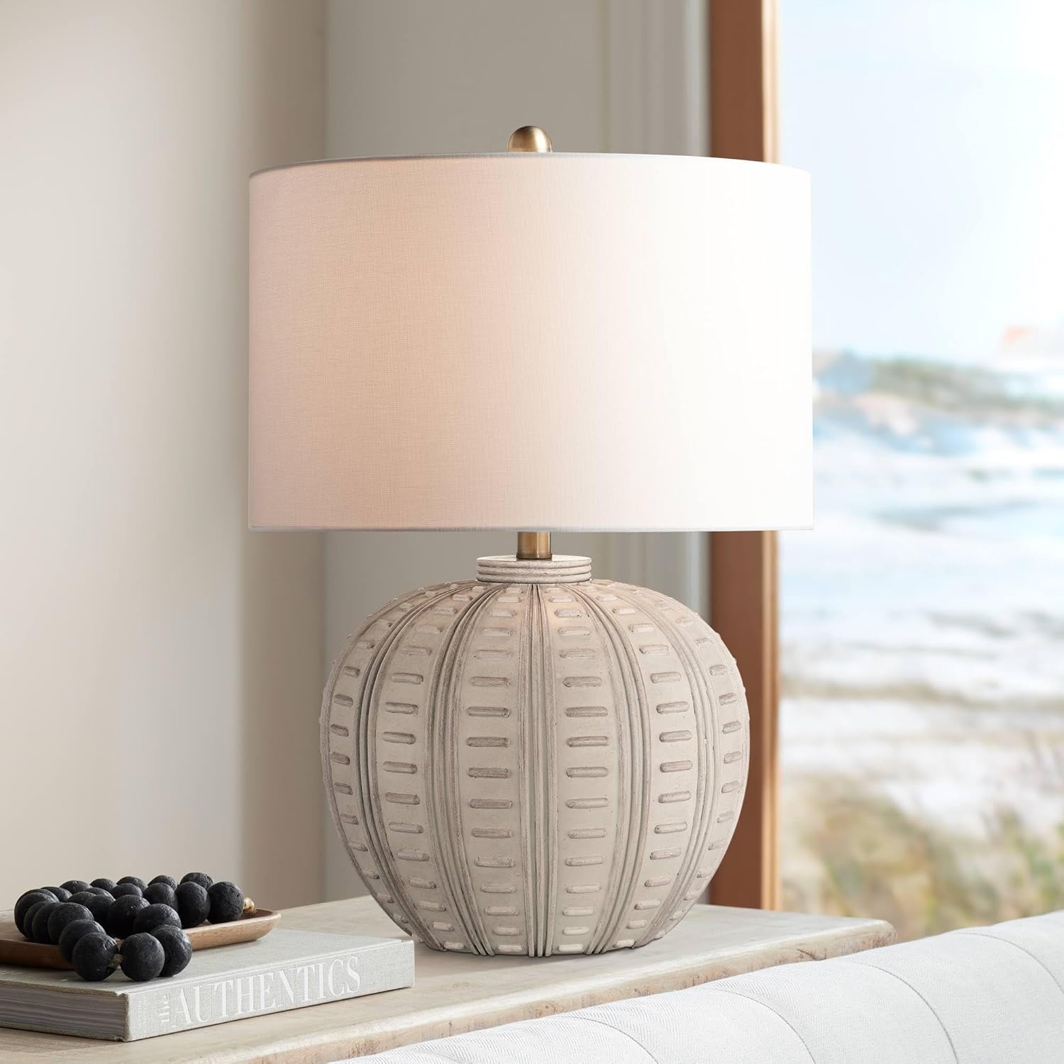 360 Lighting Keira 24" High Gourd Small Modern Coastal 3-Way Table Lamp Beige Finish Single Fabric White Shade Living Room Bedroom Bedside Nightstand House Office Home Reading Kitchen Entryway