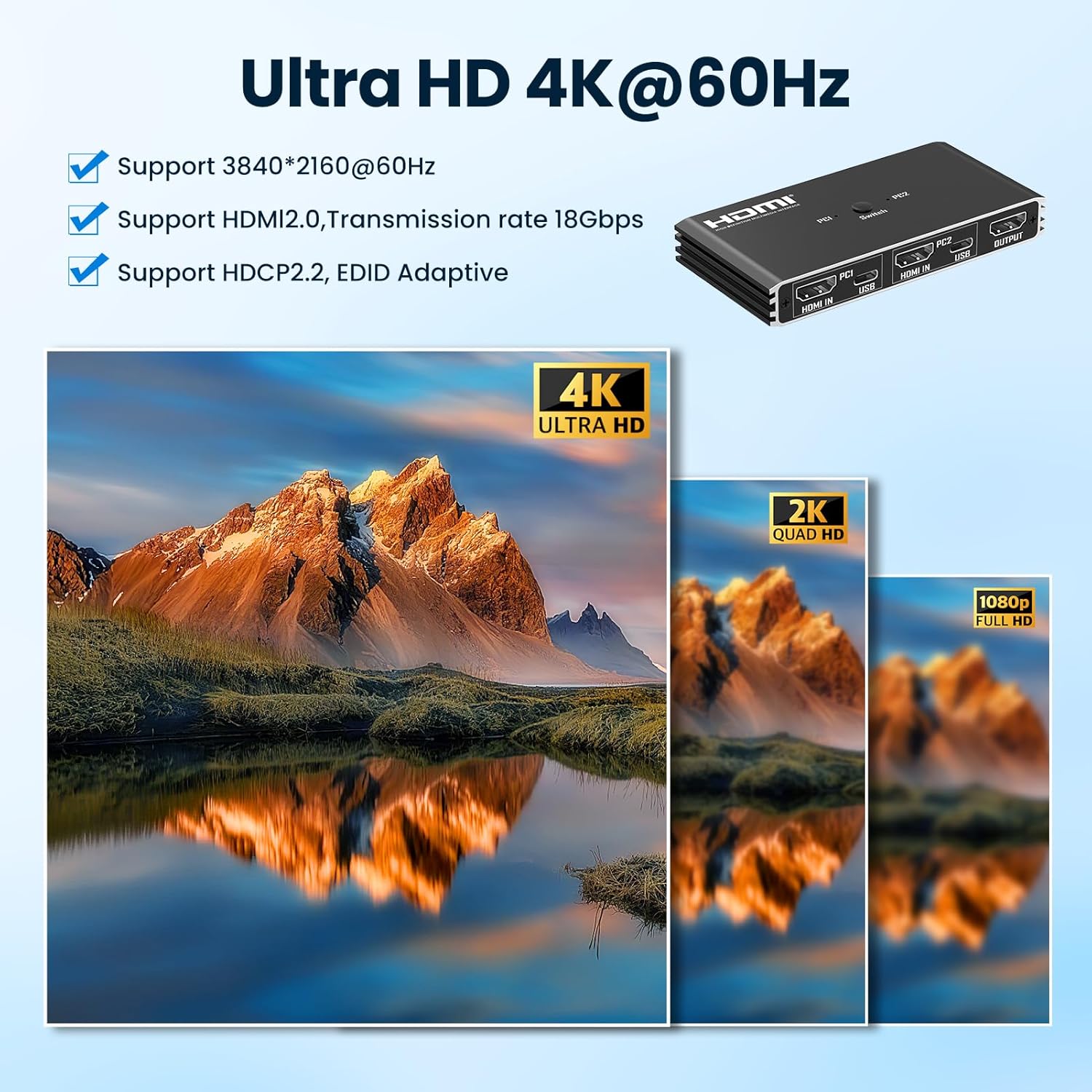HDMI KVM Switch for 2 Computers - 4K@60Hz, Share 1 Monitor & 4 USB Devices, Keyboard, Mouse, Printer, Includes 2 USB Cables & Remote Controller (no Batteries)