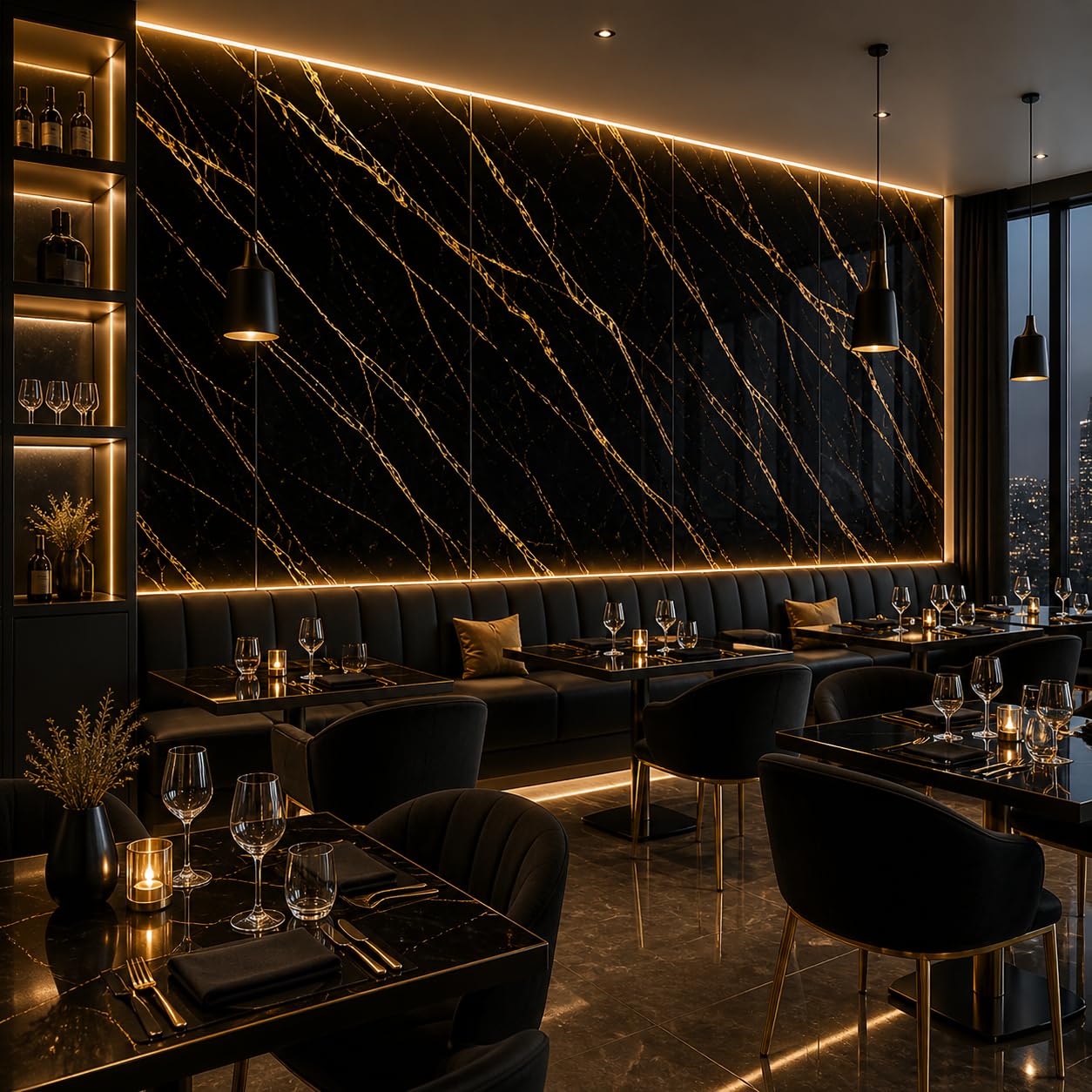 Générique Panneau Mural PVC Effet Marbre, 260 x 122 cm, Auto-adhésif, Imperméable, Noir et Or, pour Cuisine et Salle de Bains