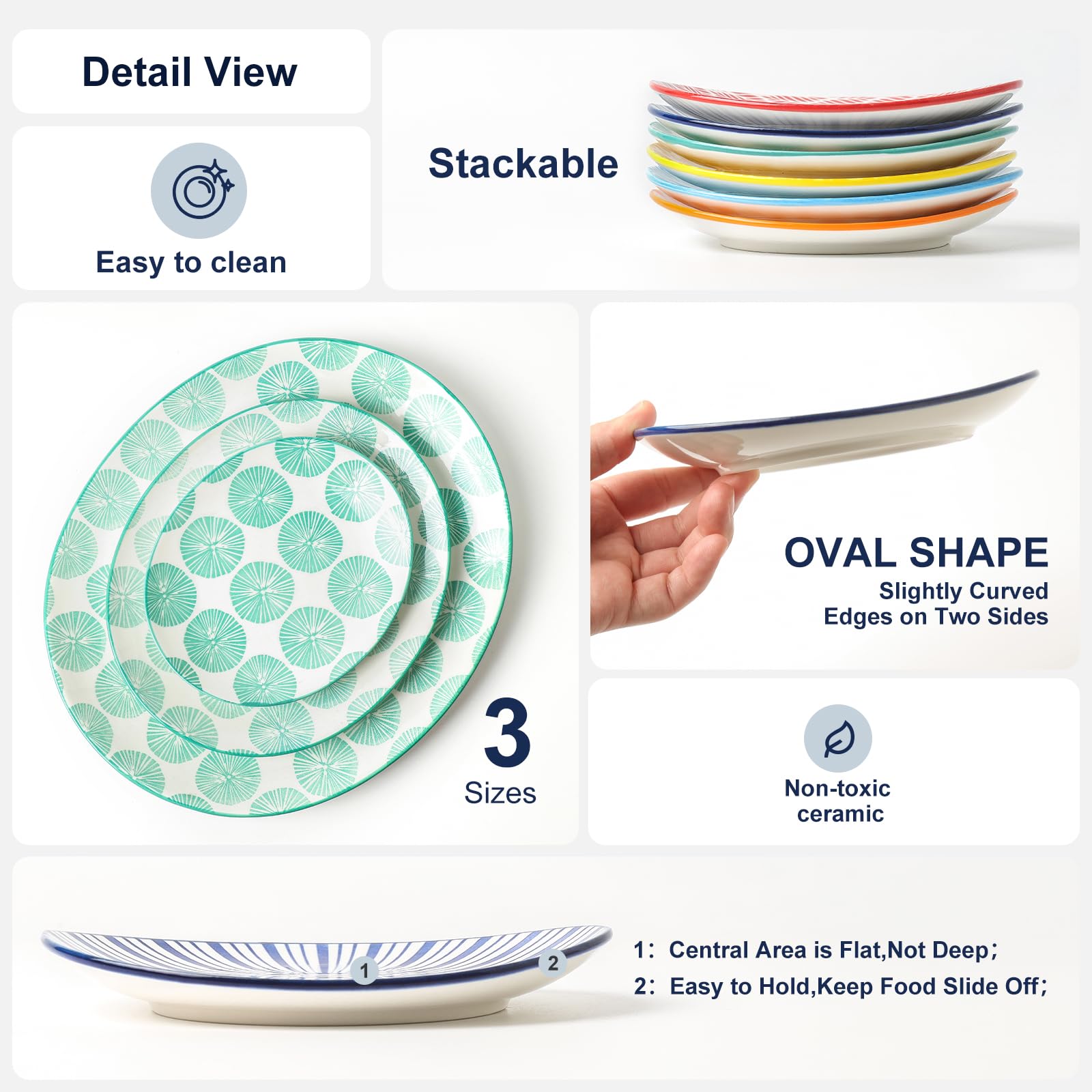 Selamica Piatti piani piccoli, ovali in ceramica, 15,2 cm, piatti piccoli per antipasti, torte, snack, adatti al microonde, lavabili in lavastoviglie, set da 6, colori assortiti
