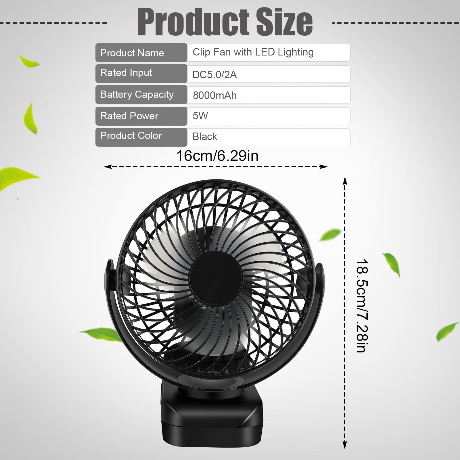 8000mAh Mini USB Ventilator Akku,Tischventilator mit Clip,3-Gang ventilator kinderwagen mit LED-Nachtlicht &Fernbedienung,360° Rotation, Aufladbar Batterie Portable Table Fan Mini Ventilator