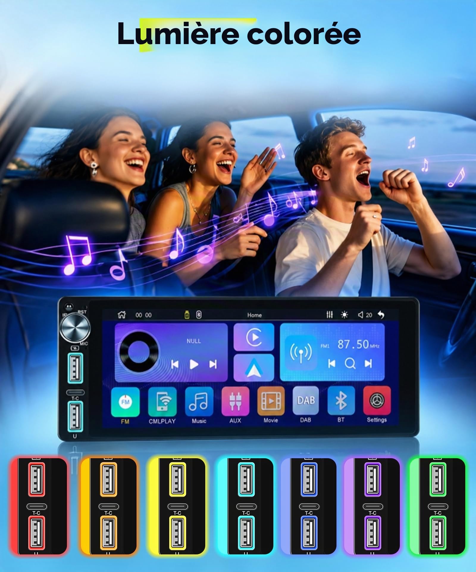Rimoody Dab+/Dab Autoradio 1 Din avec sans Fil Carplay Android Auto Bluetooth 5.2 FM/AM, 6.86 Pouces Écran Tactile Radio Mirror Link Dab Adaptateur/EQ/USB/Type C Commande au Volant Caméra de Recul