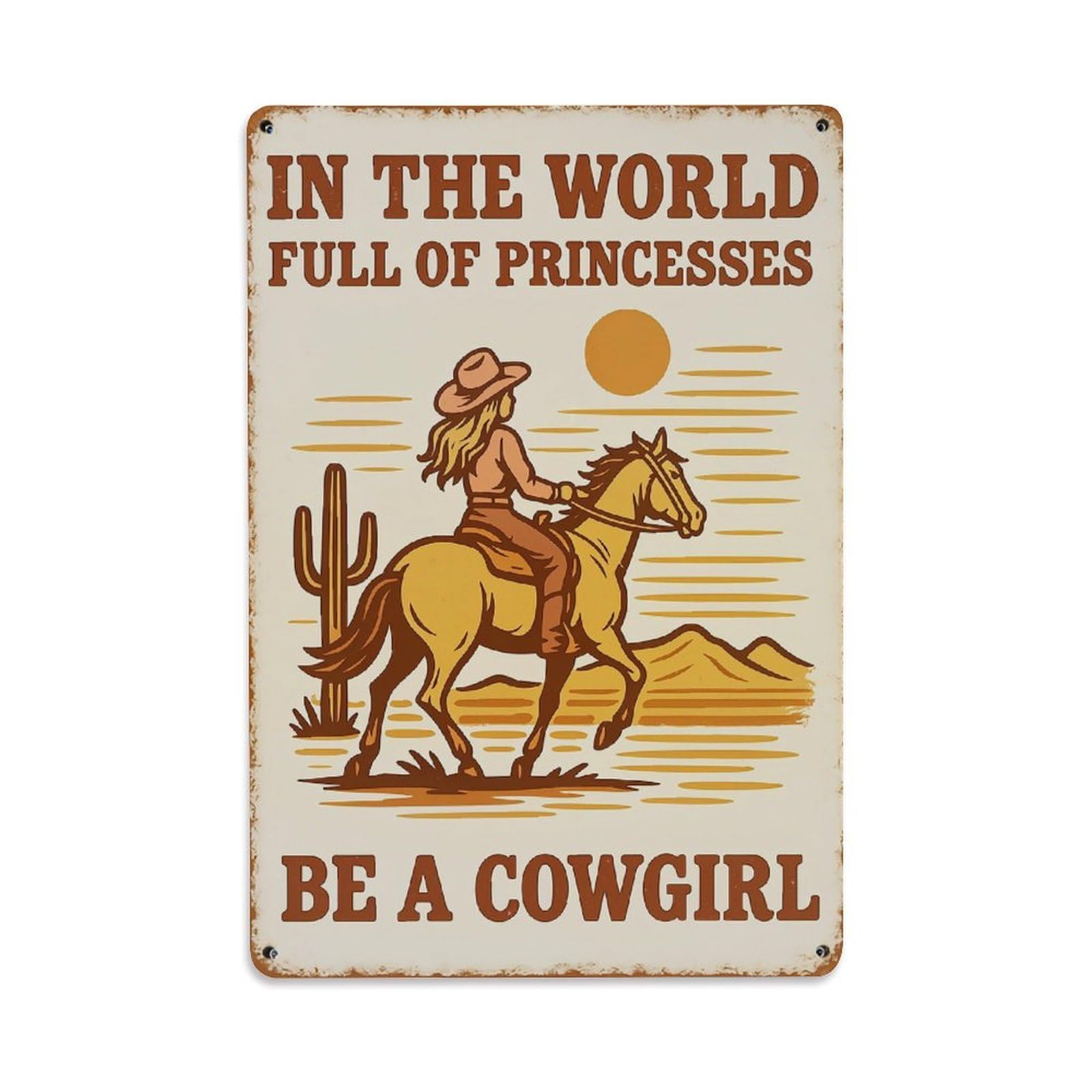 Jdyaojiesheng Vintage Cowgirl Riding Horse Desert Sunset Cactus Tin Sign Retro Metal Wall Decor Metal Poster, Home Bar Garage Farmhouse Cafe Wall Art Decoration 8X12inches