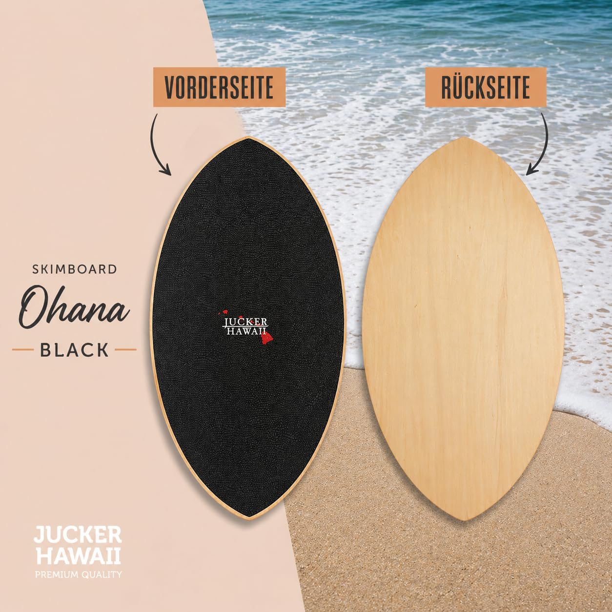 JUCKER HAWAII Skimboard Ohana Black | Skimboard mit vollflächigem Anti-Rutsch-Belag für optimalen Halt | Premium Skimboard für Anfänger und Profis | Perfekt für Strandabenteuer und Tricks