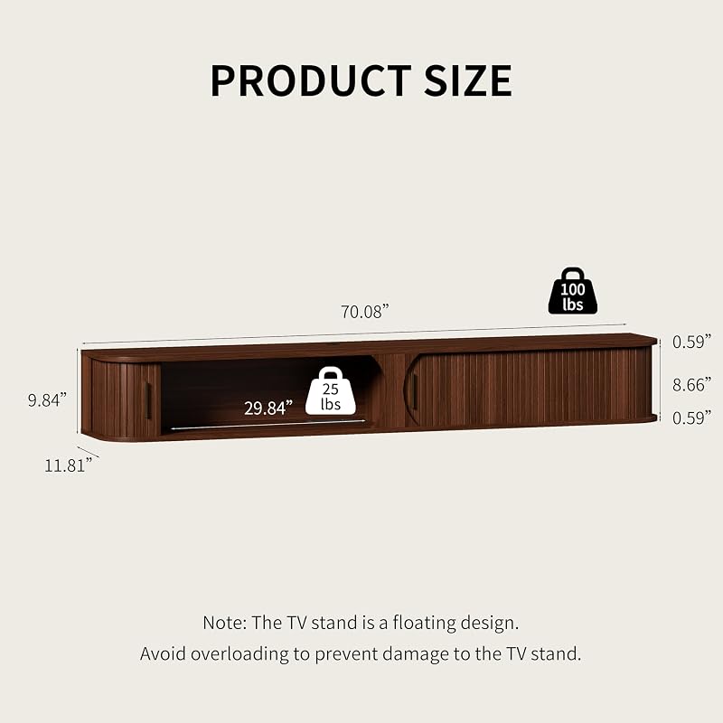 DHH 71" Floating TV Stand with Power Outlet for TVs up to 80", Mid Century Modern TV Console with RGB LED Lights, Fluted Entertainment Center with Sliding Door for Living Room, Bedroom(Walnut) image 2