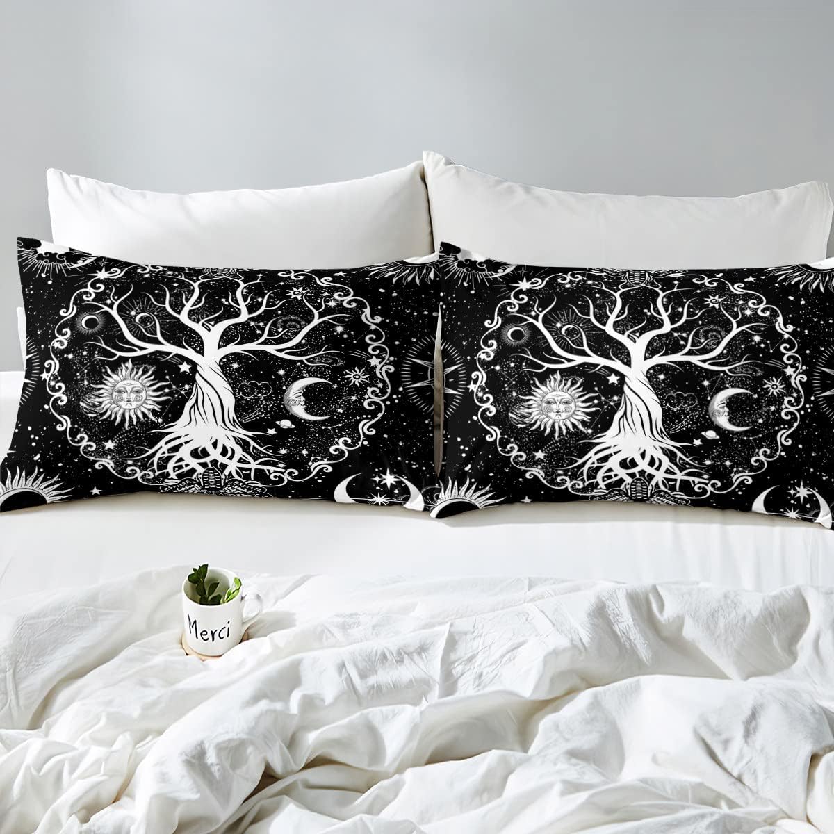 Tree of Life Fitted Sheet Sun and Moon Bed Sheet, Boho Moth Bedding Queen 3Pcs Hippie Bohemian Bed Cover Psychedelic Astrology Bedspread Cover Celestial Decor White Black Bedroom Decor, Cozy Soft