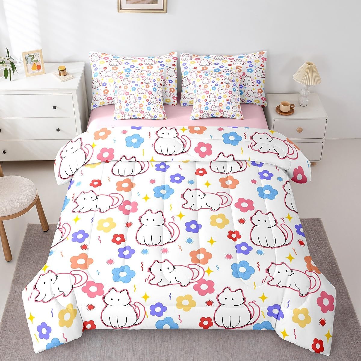 Feelyou Kids Cute Cat 7 Pieces Bedding Set Full Size, Colorful Floral Comforter Set with Sheets Boys Girls Rainbow Flowers Bed in A Bag Cartoon Animal Teens Bed Set Bedroom Decor 7Pcs