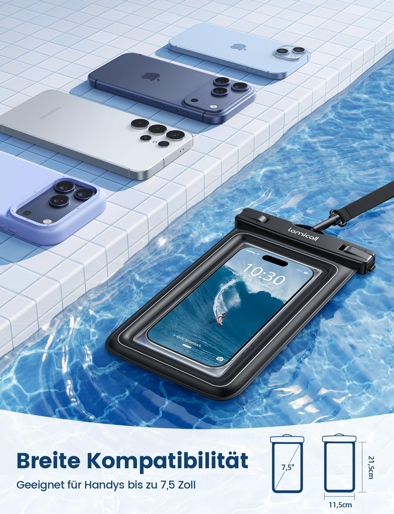 Lamicall IP68 wasserdichte Handyhülle, Unterwasser Handytasche - [Hoher Auftrieb] 2 Stück Wasserfeste Hülle für Schwimmen, 100% Waterproof Phone Case für iPhone 17/16/15, Smartphone bis zu 7,5 Zoll