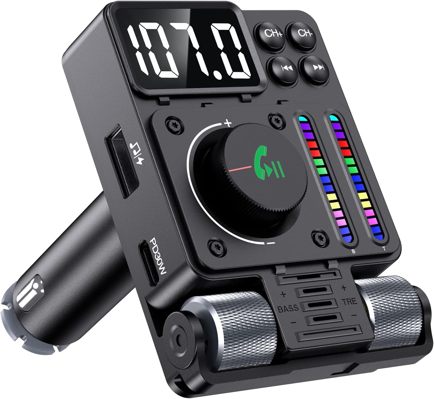 Bluetooth 5.3 Fm Transmitter For Car, 30W Pd & Qc3.0 Fast Car Charger, Wireless Radio Adapter, Supports Hands-Free Call, Larger Led Display, Adjustable Treble And Bass Sound Music Player